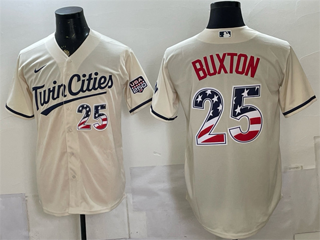 Men's Minnesota Twins #25 Byron Buxton Cream 2026 USA 250 Fourth of July Stitched Baseball Jersey Men's Minnesota Twins #25 Byron Buxton Cream 2026 USA 250 Fourth of July Stitched Baseball Jersey